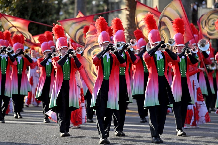 The Rosemount High School Marching Band, Minnesota, performs at the 134th Rose Parade in Pasadena, Calif., Monday, Jan. 2, 2023. (AP Photo/Michael Owen Baker)