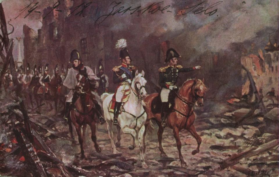 A painting of Napoleon riding through a burned city on horseback with his army at his back.