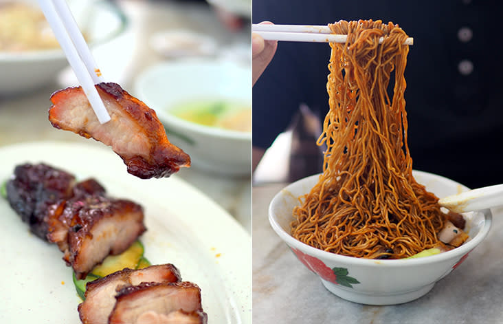 The 'char siew' has meat marbled with fat for a satisfying bite (left). The 'wantan' noodles served here have a nice, springy texture as they use duck eggs (right)