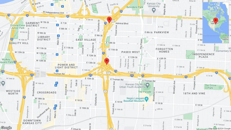 A detailed map that shows the affected road due to 'Traffic alert issued due to heavy rain conditions on northbound I-70 in Kansas City' on May 2nd at 4:38 p.m.
