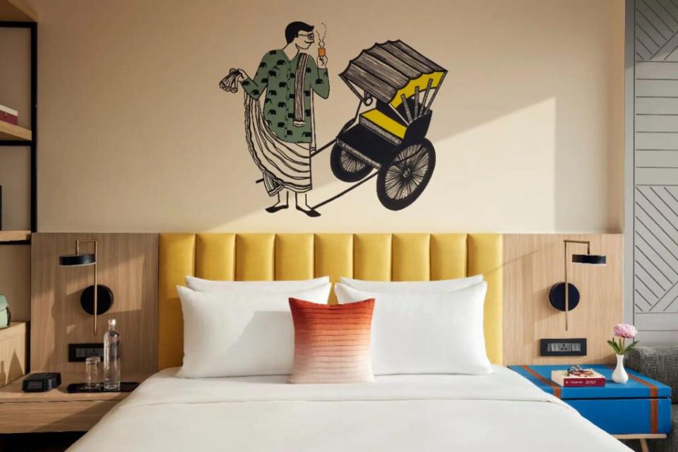 A view of the bed and headboard in a standard king guestroom at the Hyatt Centric Ballygunge Kolkata, which opened in 2024. Source: Hyatt Hotels