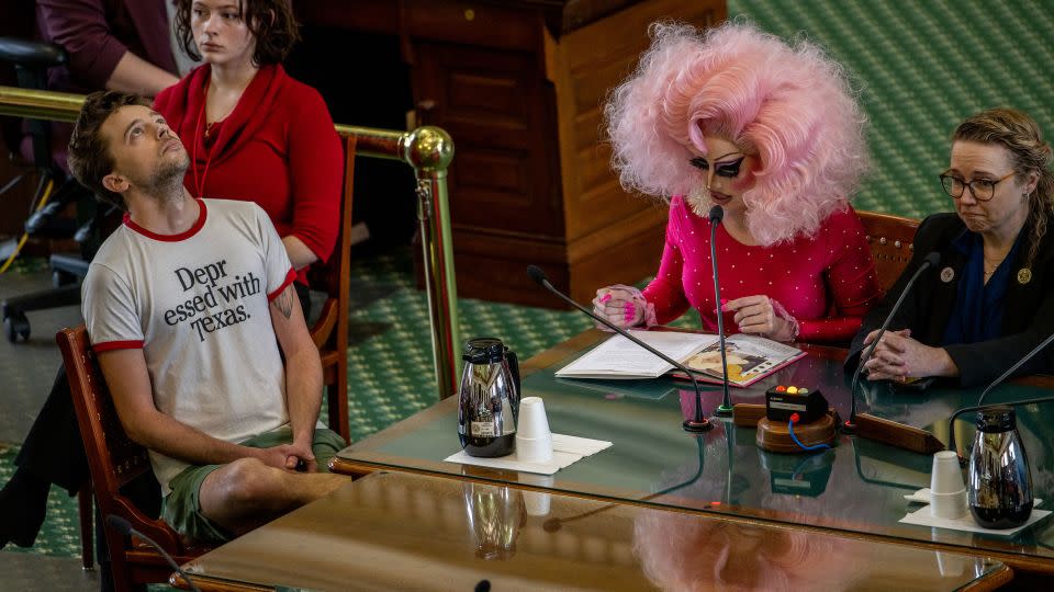 ATX Drag Queen Brigitte Bandit gives testimony in the Senate Chamber at the Texas State Capitol on March 23, 2023 in Austin, Texas. People across the state of Texas showed up to give testimony as proposed Senate bills SB12 and SB1601, which would regulate drag performances, were discussed before the Chamber.  (Photo by Brandon Bell/Getty Images) - Brandon Bell/Getty Images