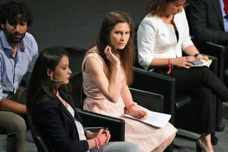 Amanda Knox, who has returned to Italy for the first time since being cleared of the murder of British student Meredith Kercher, attends the Criminal Justice Festival in Modena