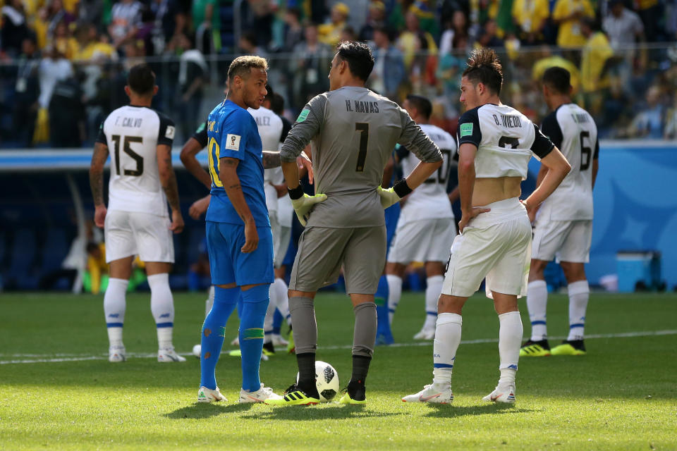 Neymar and Keylor Navas wait for VAR to have its say on the penalty incident