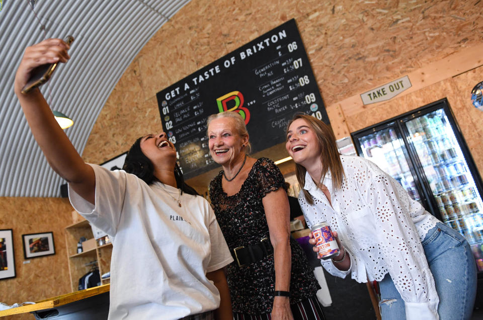 <p>EDITORIAL USE ONLY Tasha Chellen (left), 36, and Philippa Jackson (right), 29 are joined by Mary Cox, 69, at the 'Bring Your Gran for A Can' event, hosted by Brixton Brewery and Age UK Lambeth to launch Generation Pale Ale, the first beer designed to raise money for the elderly, London. Picture date: Thursday July 28, 2021.</p>
