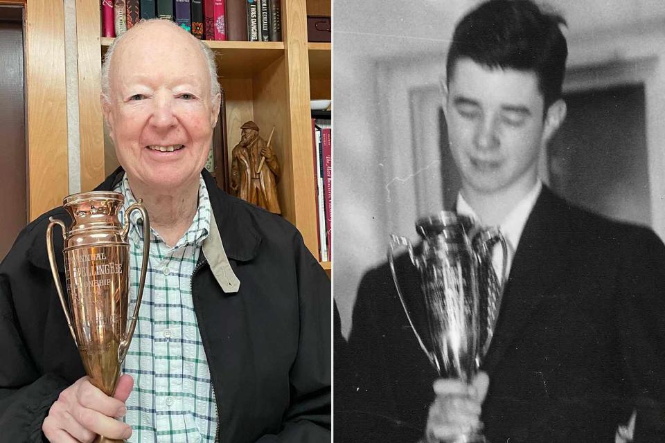 <p>Photo by Amy Cashore Mariani; Courtesy of the Cashore Family</p> William J. Cashore with his 1954 National Spelling Bee trophy, now and then