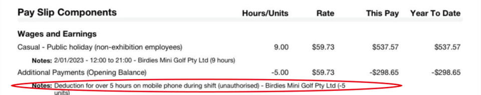 Pay slip with deduction of $298.65 for unauthorised mobile phone use