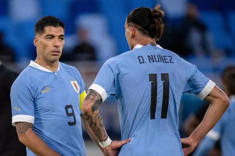 Darwin Núñez and Luis Suárez of Uruguay during the international friendly match between Uruguay and Canada at Tehelne pole on September 27, 2022 in Bratislava, Slovakia.