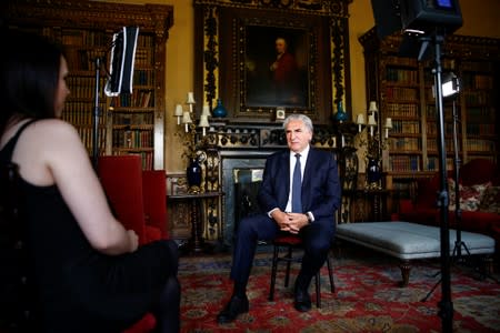 British actor Jim Carter talks during an interview with Reuters at Highclere Castle in Hampshire