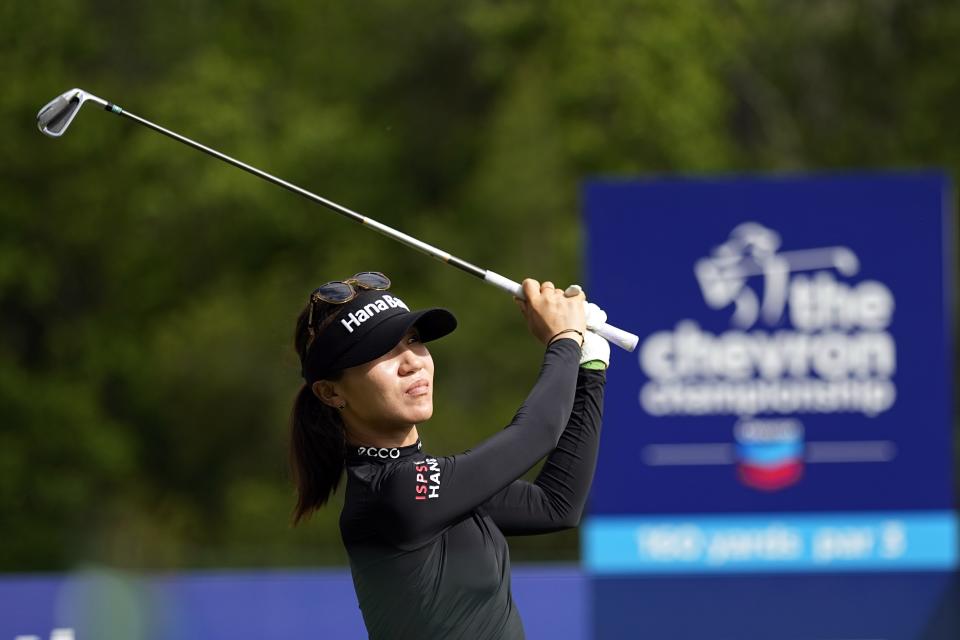 Lydia Ko watches her tee shot on the 17th hole during a practice round for The Chevron Championship golf tournament Wednesday, April 19, 2023, in The Woodlands, Texas. (AP Photo/David J. Phillip)
