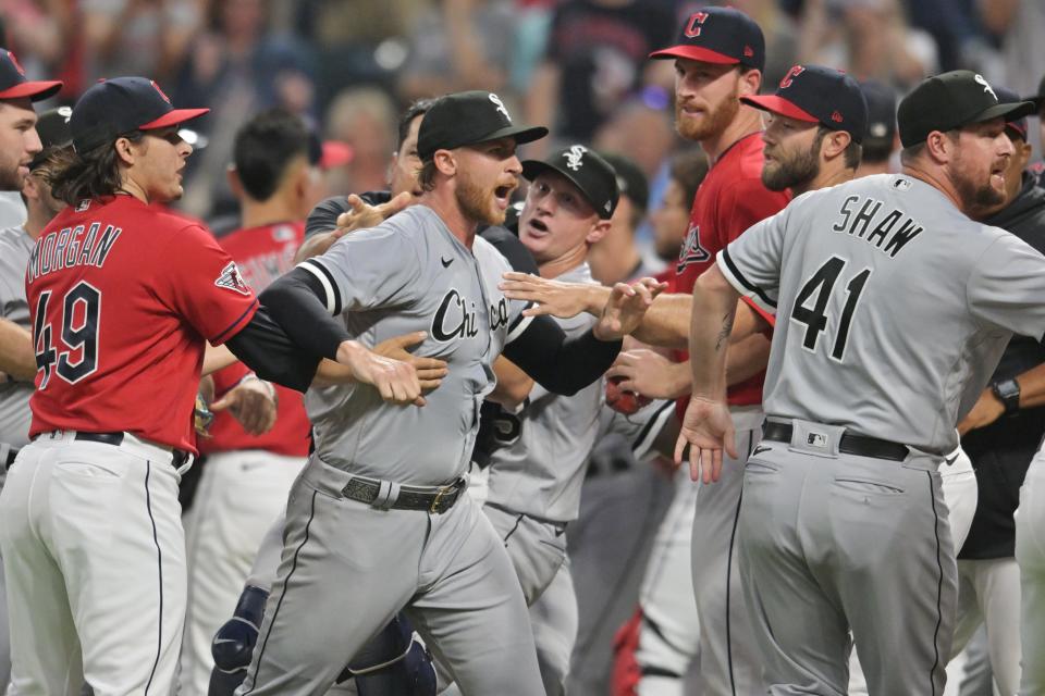 Aug 5, 2023; Cleveland, Ohio, USA; Chicago White Sox starting pitcher Michael Kopech (34) yells at Cleveland Guardians relief pitcher Emmanuel Clase (48) during the sixth inning at Progressive Field. Mandatory Credit: Ken Blaze-USA TODAY Sports