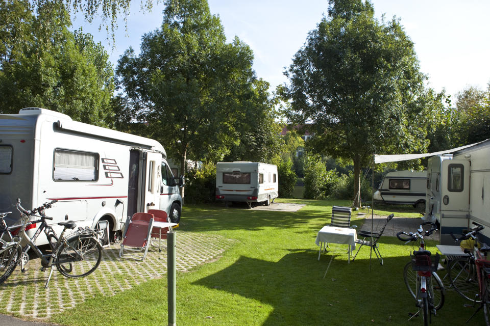 A campground, directly at the river Main, in the Bavarian city of Würzburg, Germany.