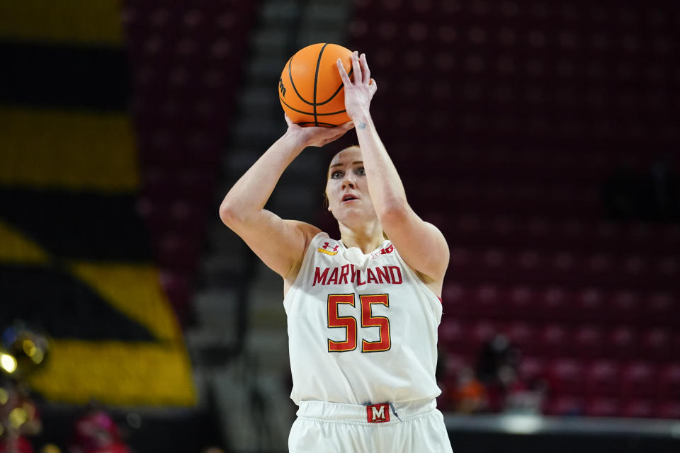 Maryland forward Chloe Bibby shoots a basket against Northwestern during the second half of an NCAA college basketball game, Sunday, Jan. 23, 2022, in College Park, Md. Maryland won 87-59. (AP Photo/Julio Cortez)