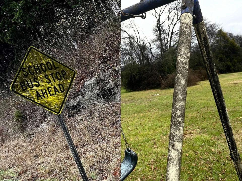 Whiskey fungus shown on a street sign and a swing set near The Manor at ShaeJo in Lincoln County, Tennessee, and the home of Christi and Patrick Long.