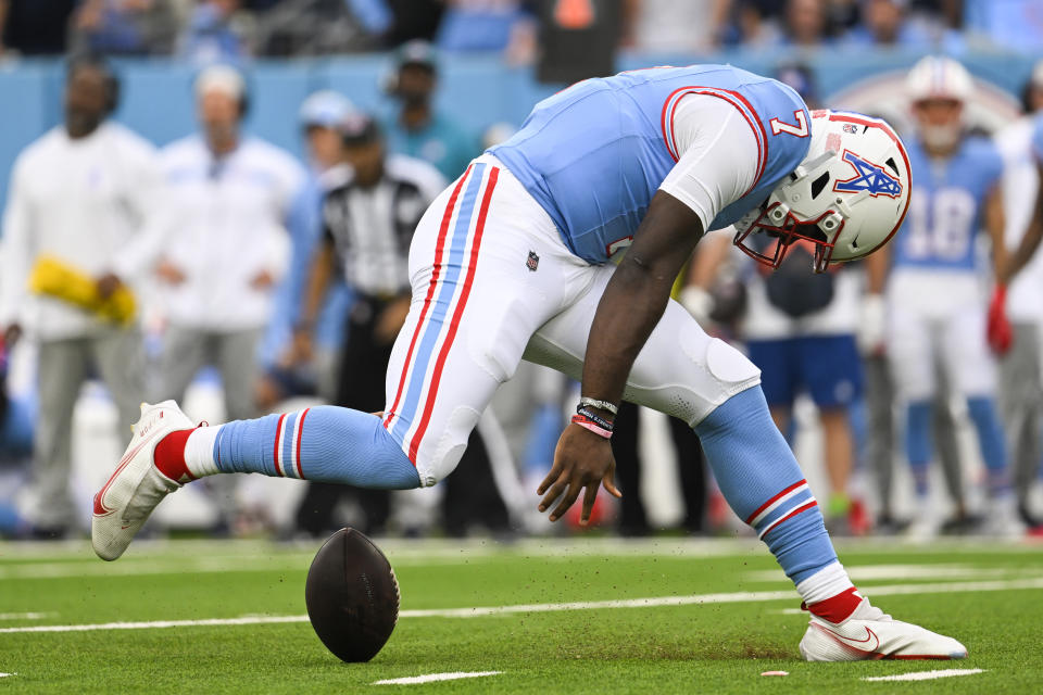 Tennessee Titans quarterback Malik Willis fumbles during the first half of an NFL football game against the Atlanta Falcons, Sunday, Oct. 29, 2023, in Nashville, Tenn. Atlanta recovered the ball. (AP Photo/John Amis)