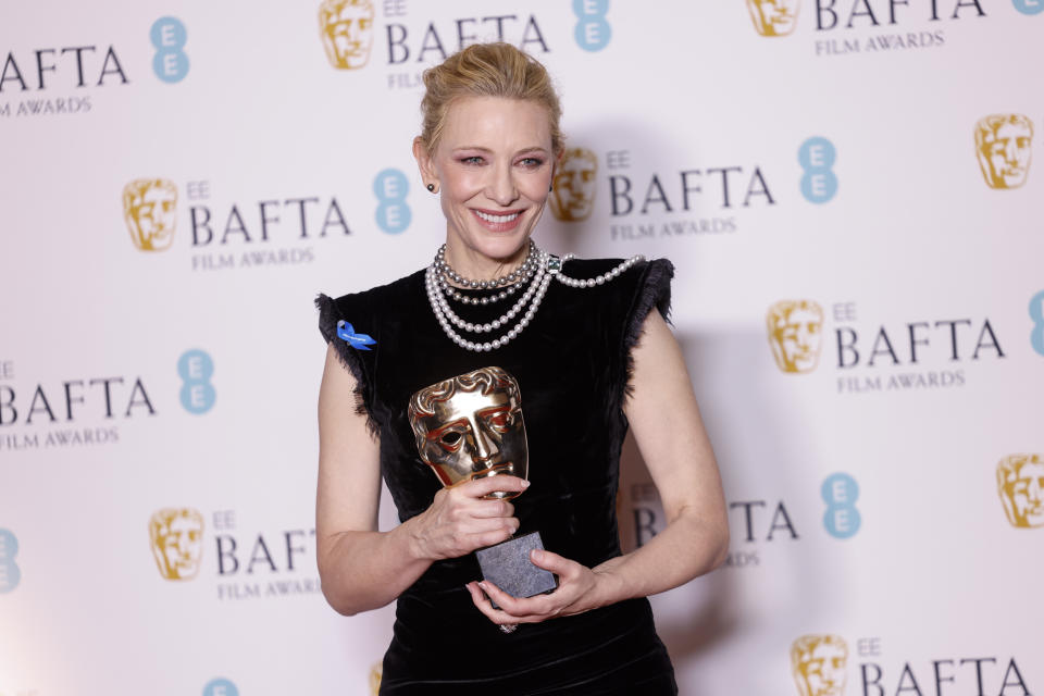 Cate Blanchett, winner of the leading actress award for 'Tar', poses for photographers at the 76th British Academy Film Awards, BAFTA's, in London, Sunday, Feb. 19, 2023. (Photo by Vianney Le Caer/Invision/AP)