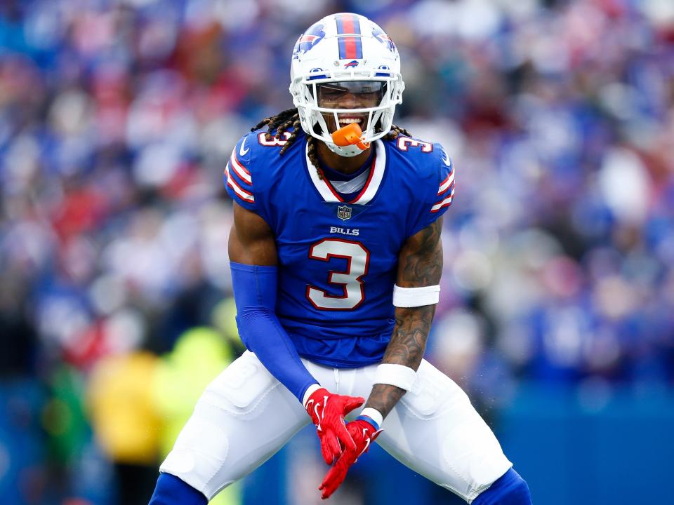 Damar Hamlin #3 of the Buffalo Bills reacts to a play against the Minnesota Vikings at Highmark Stadium on November 13, 2022 in Orchard Park, New Yor