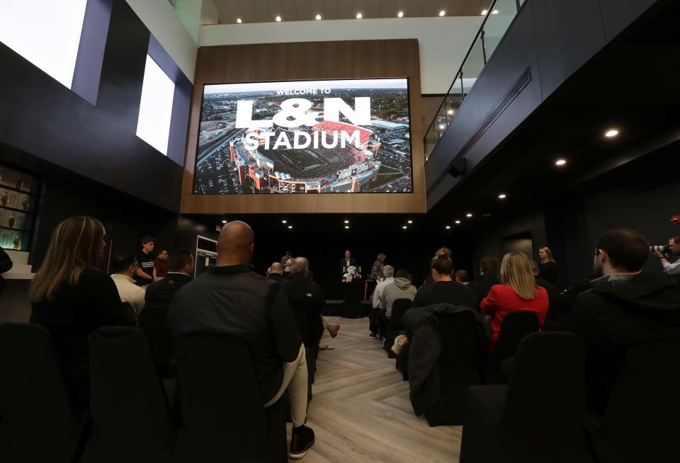 The media attended a press conference as U of L announced a deal to give naming rights of the football stadium to the L&N Federal Credit Union to become the newly-named L&N Stadium in Louisville, Ky. on Jan. 30, 2023.  The announcement was held in the Angel's Envy Bourbon Club at the stadium.