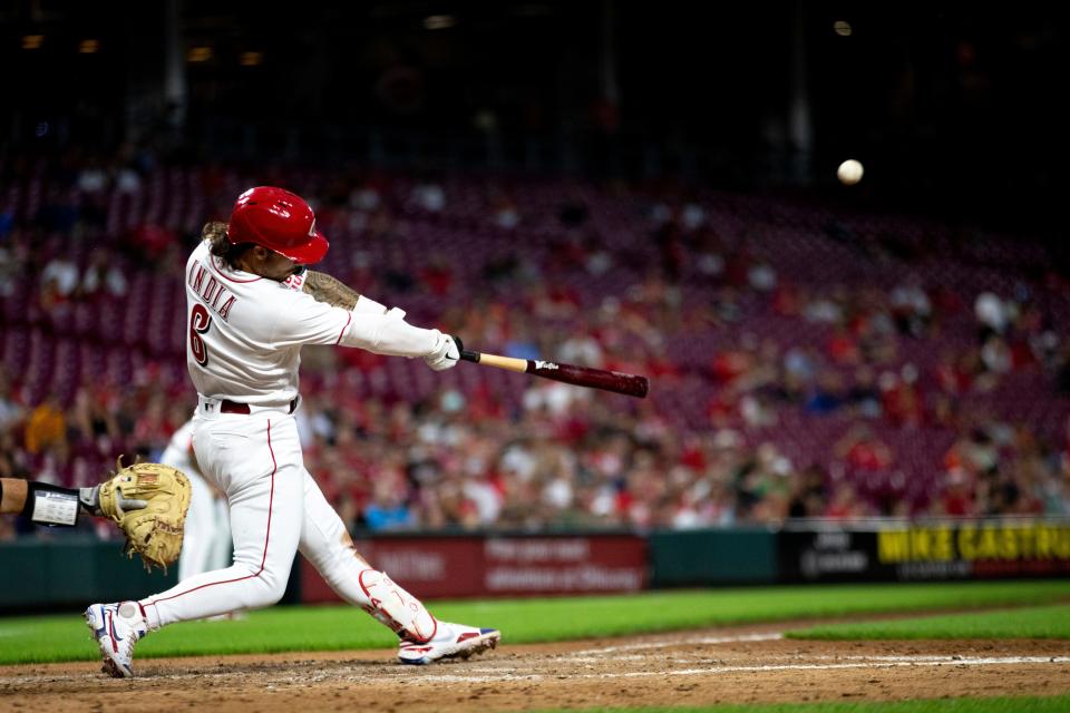 Cincinnati Reds second baseman Jonathan India (6) hits a grand slam in the fifth inning of the MLB baseball game between the Cincinnati Reds and the Miami Marlins at Great American Ball Park in Cincinnati on Monday, July 25, 2022.