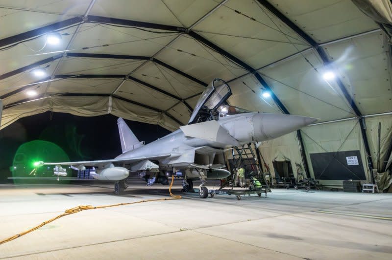 An RAF Typhoon aircraft returns to RAF Akrotiri in Cyprus after taking part in U.S.-led coalition to conduct air strikes against military targets in Yemen on January 11. File Photo by the British Ministry of Defense/UPI