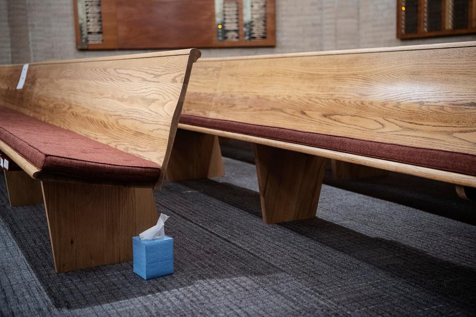 Tissues remain under a pew at Beth Israel Synagogue following a vigil for Israel, October 12, 2023, in Asheville.