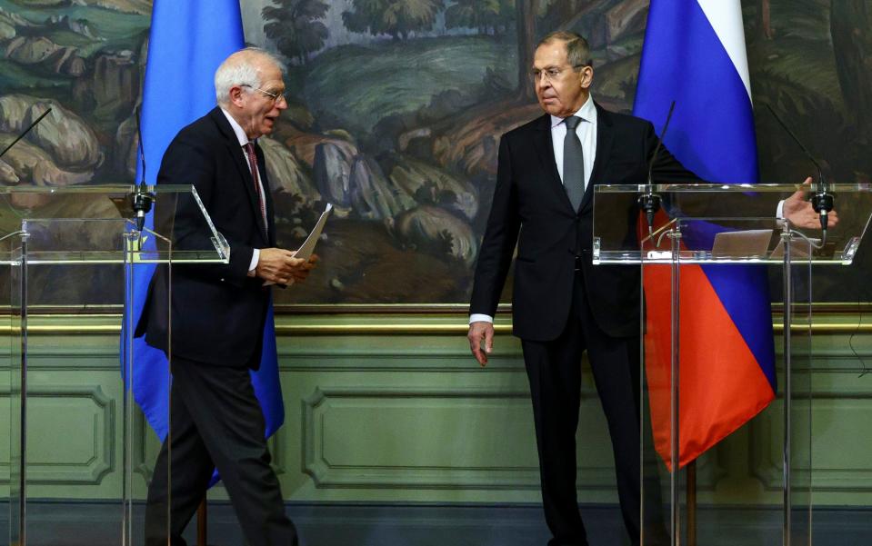 Russian Foreign Minister Sergey Lavrov, right, and High Representative of the EU for Foreign Affairs and Security Policy, Josep Borrell - Russian Foreign Ministry Press Service via AP