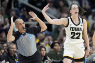 Iowa guard Caitlin Clark (22) motions after hitting a three-point shot against Colorado during the third quarter of a Sweet Sixteen round college basketball game during the NCAA Tournament, Saturday, March 30, 2024, in Albany, N.Y. (AP Photo/Mary Altaffer)