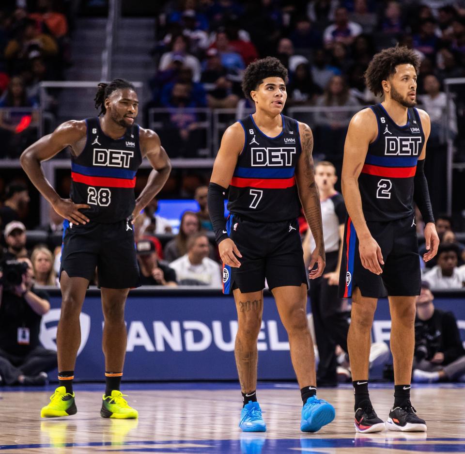 Pistons guards Killian Hayes, left, and Cade Cunningham during the second half against the Cavaliers at Little Caesars Arena on Nov. 4, 2022.