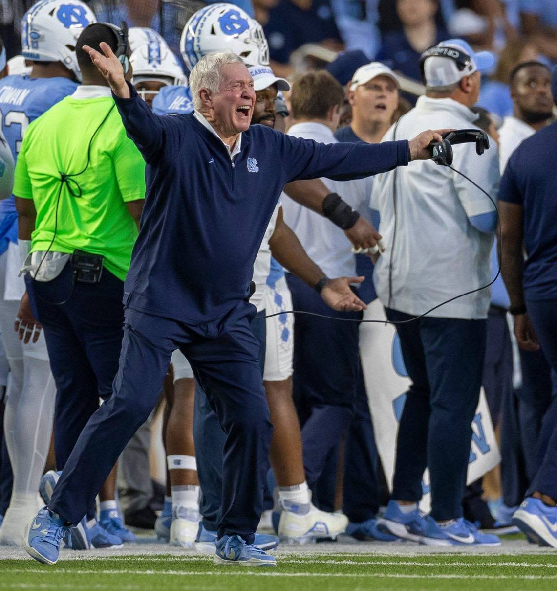 North Carolina coach Mack Brown reacts to a targeting penalty again Desmond Evans in the second quarter against North Carolina Center on Saturday, September 14, 2024 at Kenan Stadium in Chapel Hill, N.C.