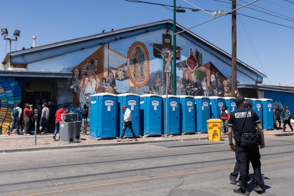 El Paso Police patrol El Paso streets where migrants are staying in front of Sacred Heart Church, on Saturday, April 29, 2023.