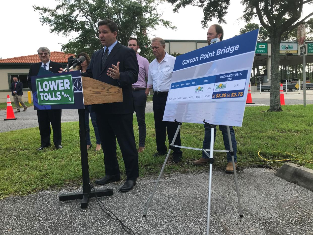 Florida Gov. Ron DeSantis speaks at a press conference Wednesday, July 28, 2021, at the Garcon Point Bridge to announce that the state is lowering the tolls and will begin the process of purchasing the bridge from the bondholders.