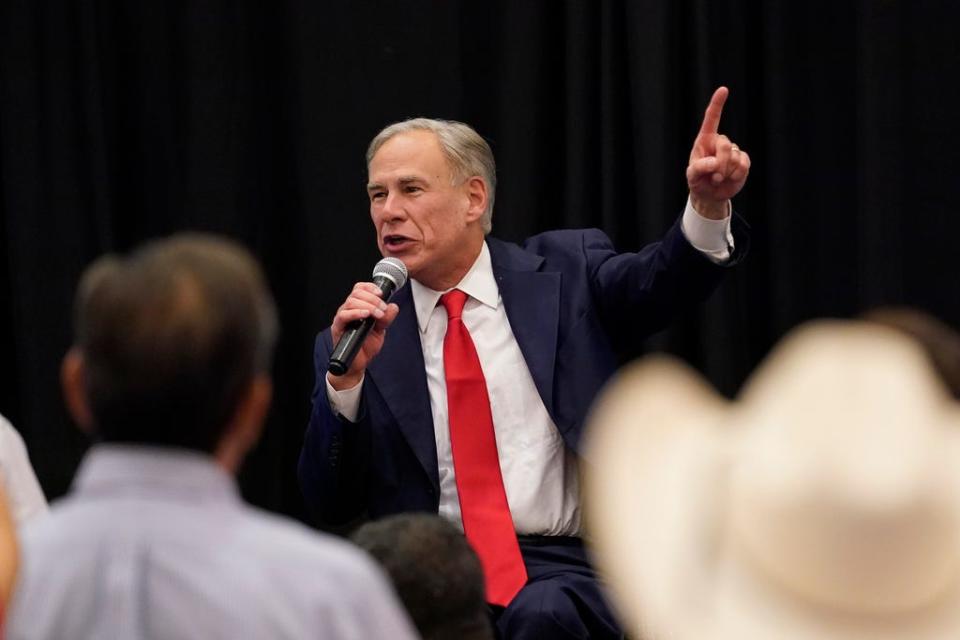 Texas Gov. Greg Abbott addresses supporters after his debate with Texas Democratic gubernatorial candidate Beto O'Rourke on Sept. 30, 2022, in McAllen.