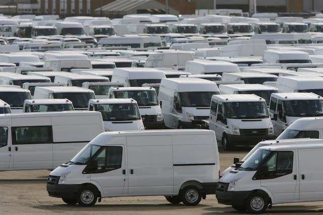 Hundreds of Ford Transit vans awaiting export at Southampton Docks near the Ford factory in Southampton, where workers have started a four-day week as the company cuts production in response to the economic downturn.