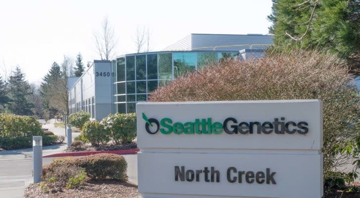 a Seattle Genetics logo (SGNE) on a sign outside of a corporate building