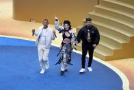 <p>Singers, Era Istrefi, Will Smith, and Nicky Jam perform during the Closing Ceremony. (Photo by Catherine Ivill/Getty Images) </p>