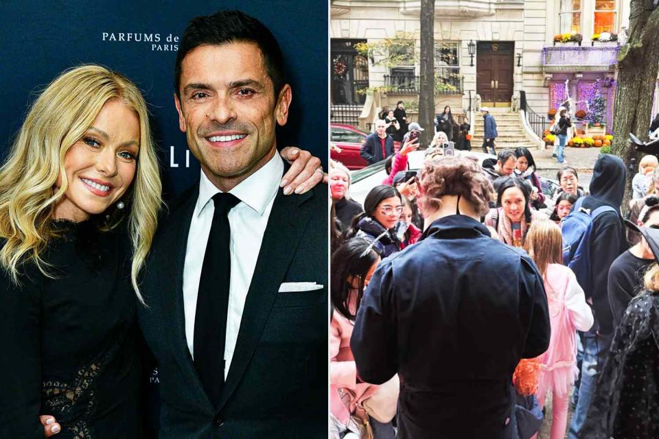 <p>Eugene Gologursky/Getty; Kelly Ripa/Instagram</p> Kelly Ripa revealed the crowd of trick-or-treaters that came to her and Consuelos