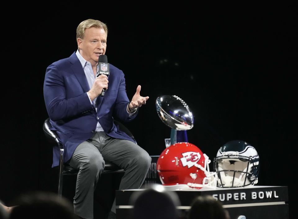 NFL commissioner Roger Goodell answers questions during a news conference ahead of Super Bowl 57.