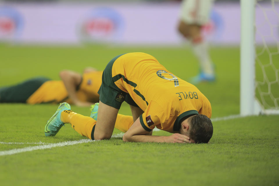 Australia's Martin Boyle reacts during a qualifying match between United Arab Emirates and Australia in Al Rayyan, Qatar, Tuesday, June 7 2022. (AP Photo/Hussein Sayed)
