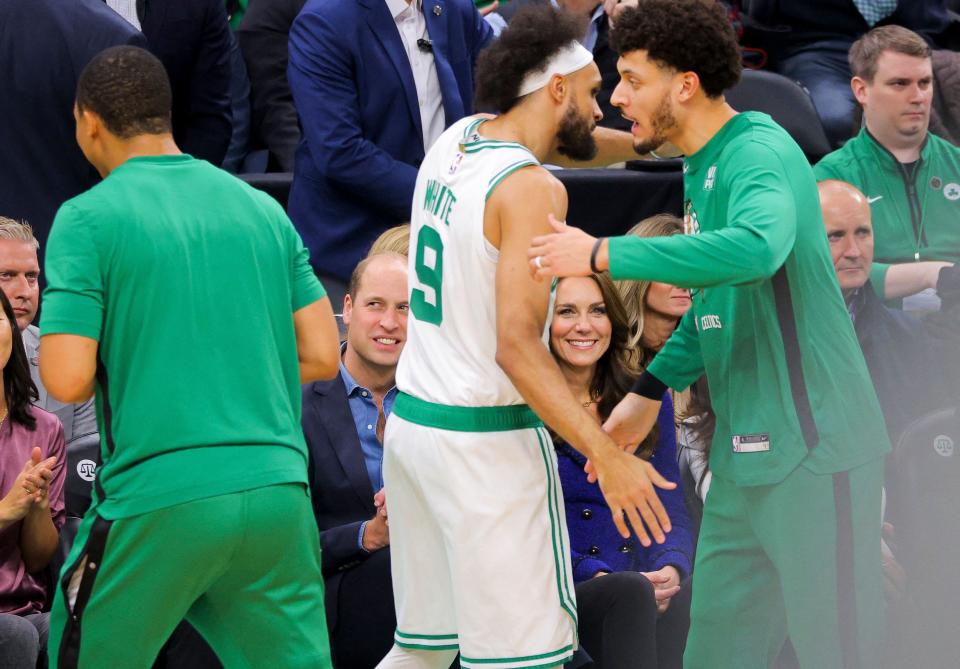 The two royals courtside during the Celtics and Heat game. (BRIAN SNYDER / POOL/AFP via Getty Images)