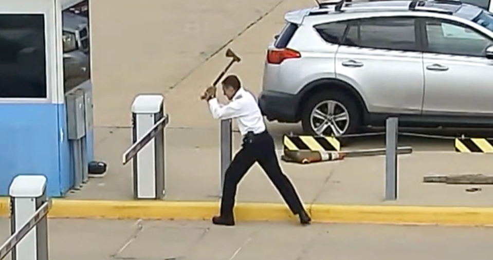 Kenneth Henderson Jones reportedly told law enforcement that he was ‘at his breaking point’ when he allegedly charged at a parking arm with an axe at Denver International Airport (CBS/Screengrab)