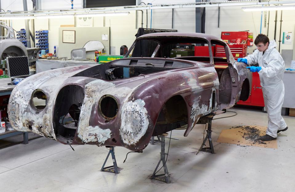 <p>During the pre-restoration inspection it was found that Pininfarina had used the original XK body as a basis, and that, at some point in its life, the car was painted burgundy and had the seats covered with tan leather. </p>