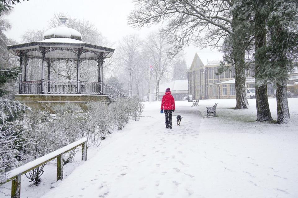 A person walks a dog through Pavilion Gardens in the Peak District (PA)