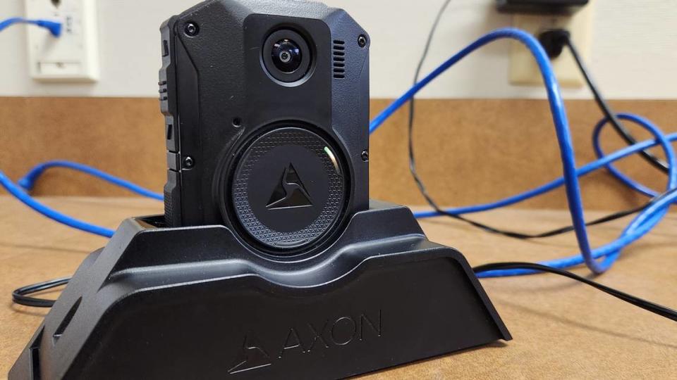 An Axon Body 3 camera in its dock at the Fresno County Sheriff’s Office that personnel have been testing out is shown in an undated photo made public on Feb. 13, 2023.