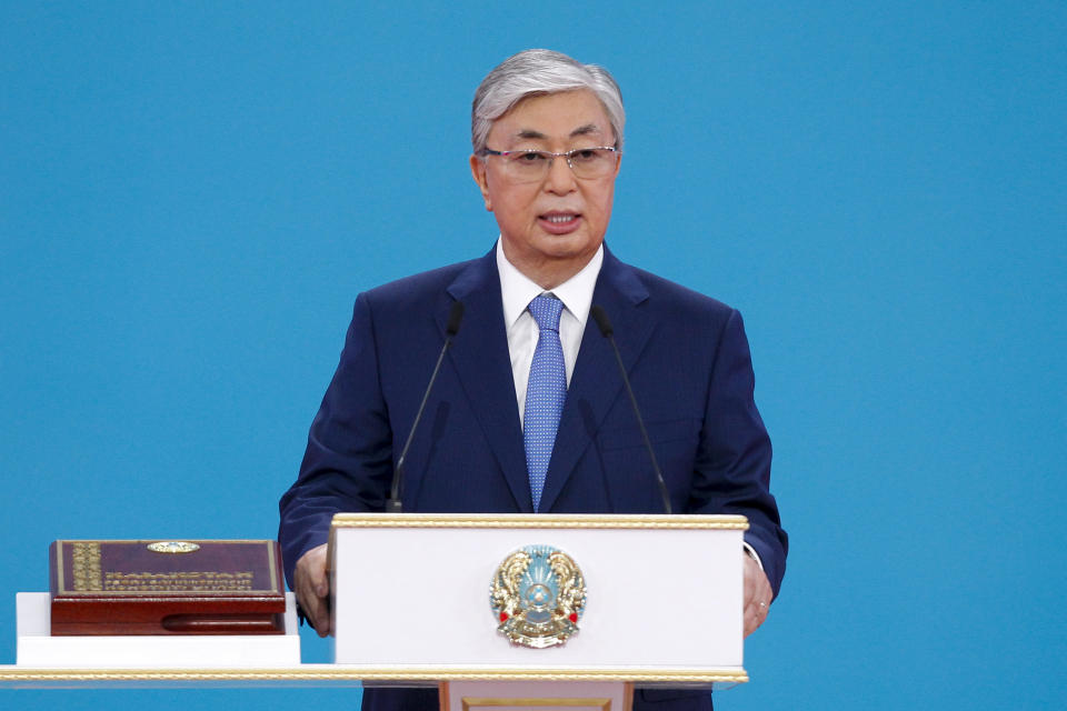 Kazakhstan's new President Kassym-Jomart Tokayev speaks during his inauguration ceremony in Nur-Sultan, the capital city of Kazakhstan, Wednesday, June 12, 2019. Tokayev, an ally of Kazakhstan's former president was named the winner of the presidential election on Monday in a vote marred by a police crackdown on protesters who criticized the result as an orchestrated handover of power. (AP Photo/Alexei Filippov)