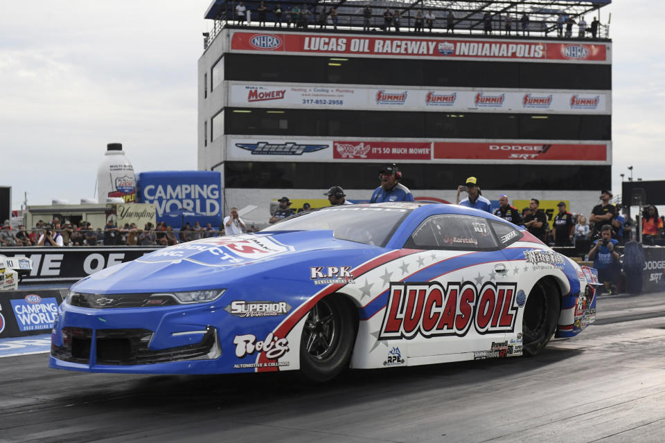 In this photo provided by the NHRA, Kyle Koretsky drives in Pro Stock qualifying Friday, Sept. 3, 2021, at the NHRA U.S. Nationals drag races at Lucas Oil Raceway in Brownsburg, Ind. (Marc Gewertz/NHRA via AP)