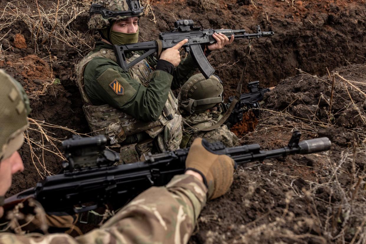 Members of the 3rd Assault Brigade during a trench clearing training exercise on October 14, 2023 in Kramatorsk, Ukraine.