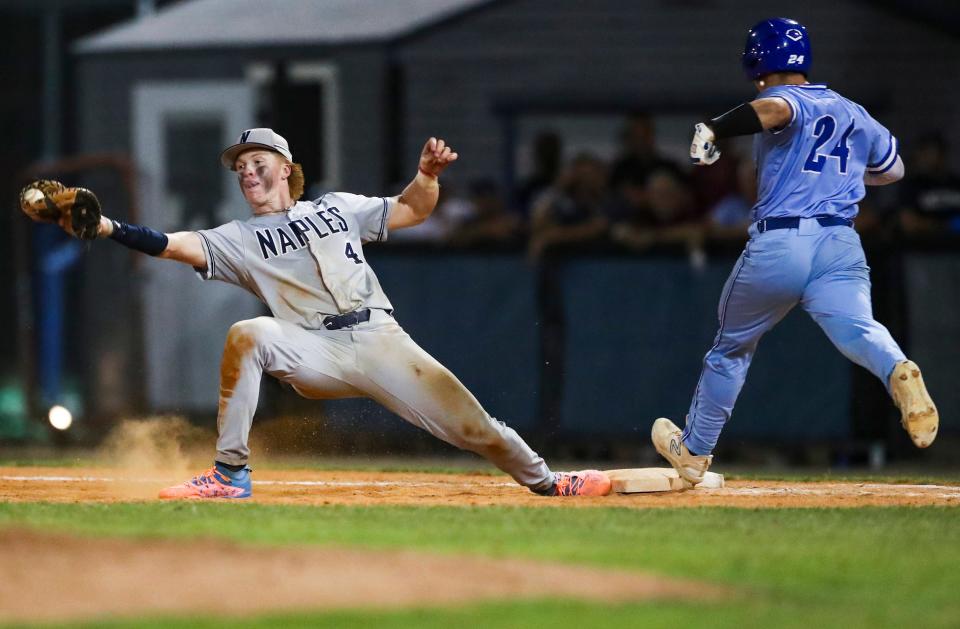 Naples Golden Eagles infielder Johnny King (4) stretches out to make the catch as Barron Collier Cougars runner 
Joshua Guitard (24) tries to beat the double play during the seventh inning of the Class 5A District 12 championship at Barron Collier High School in Naples on Thursday, May 2, 2024.