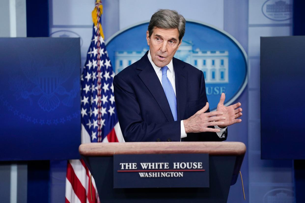 Special Presidential Envoy for Climate John Kerry speaks during a press briefing at the White House, Wednesday, Jan. 27, 2021, in Washington.