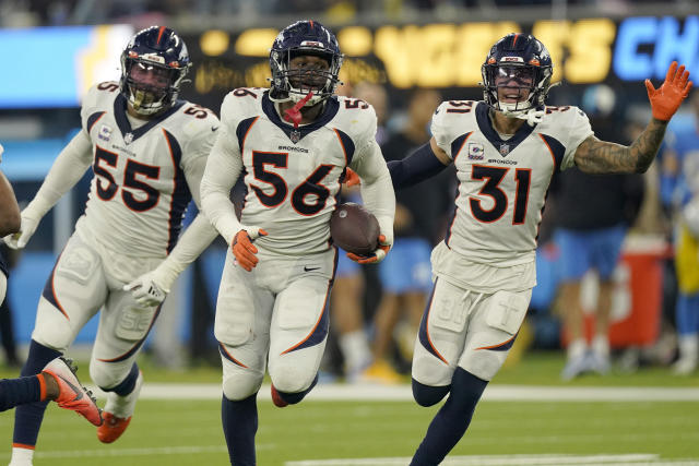 Denver Broncos linebacker Baron Browning (56) runs during an NFL football  game against the Los Angeles Chargers, Monday, Oct. 17, 2022, in Inglewood,  Calif. (AP Photo/Kyusung Gong Stock Photo - Alamy