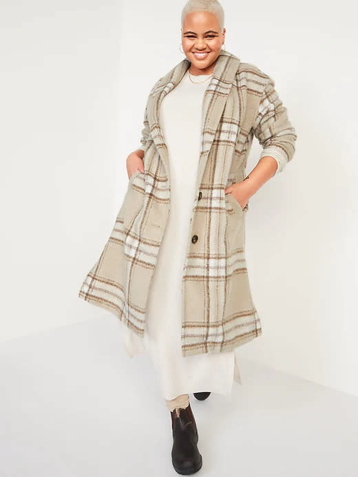 Relaxed Plaid Soft-Brushed Overcoat. Image via Old Navy.